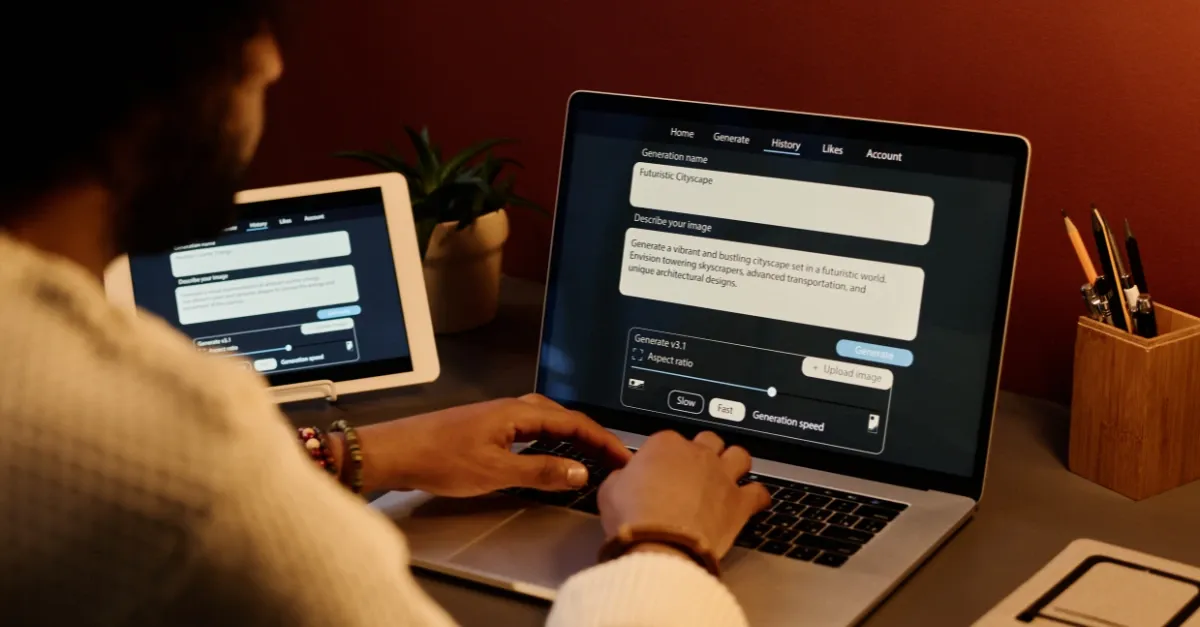 A person typing on a laptop, interacting with an AI image generation tool's interface.